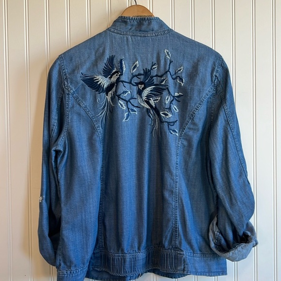 Chicos jacket coat zip-up blue jean size one embroidered birds - Picture 8 of 12